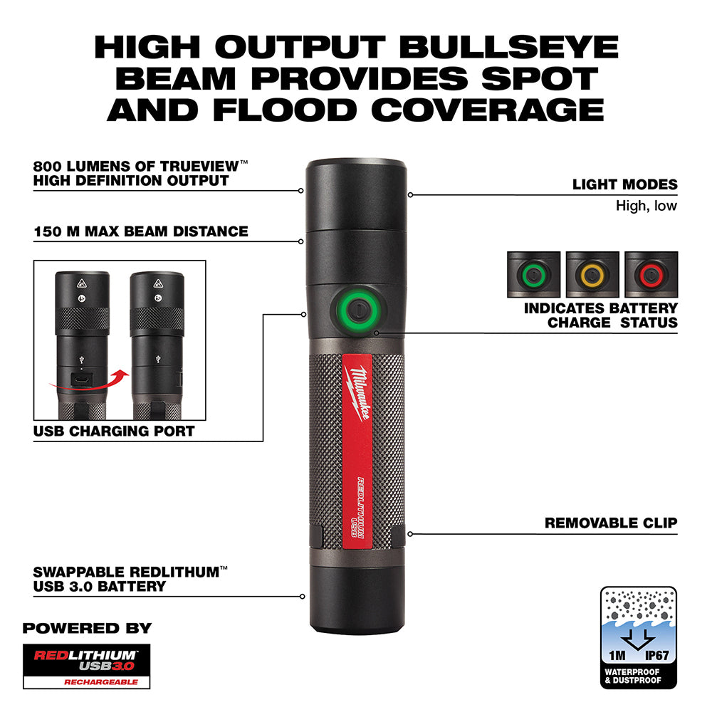 Black cylindrical flashlight with red grip band, green battery indicator light, USB charging port, and removable clip.