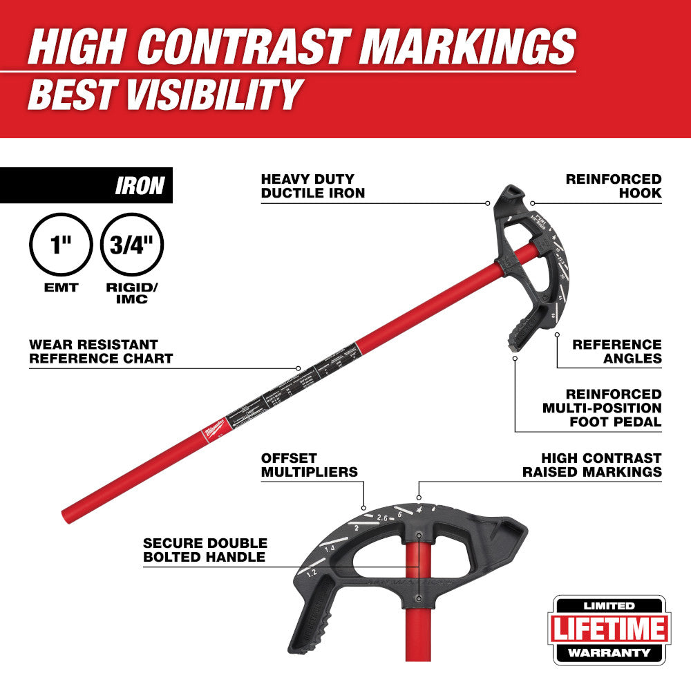 Red and black iron conduit bender with reinforced hook, foot pedal, and offset multipliers for 1-inch and 3/4-inch conduit.