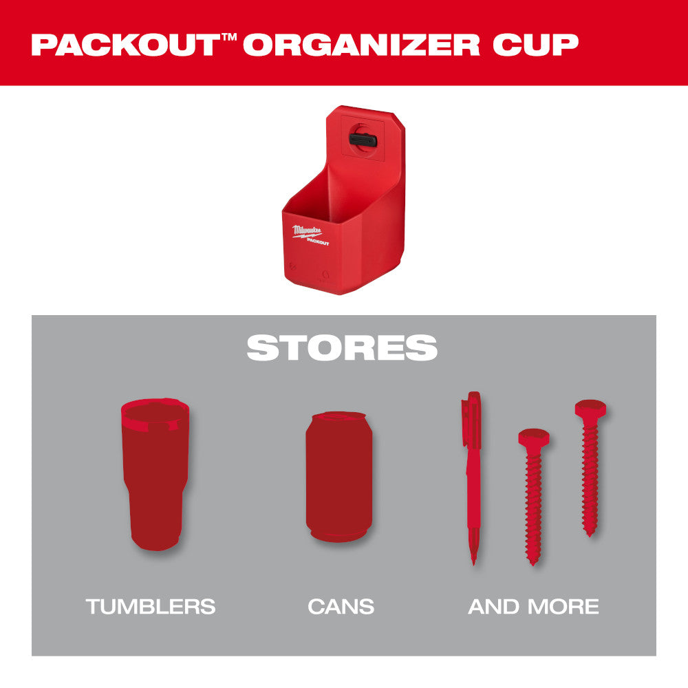 Red PACKOUT organizer cup with handle and open compartment, stores tumblers, cans, and fasteners.