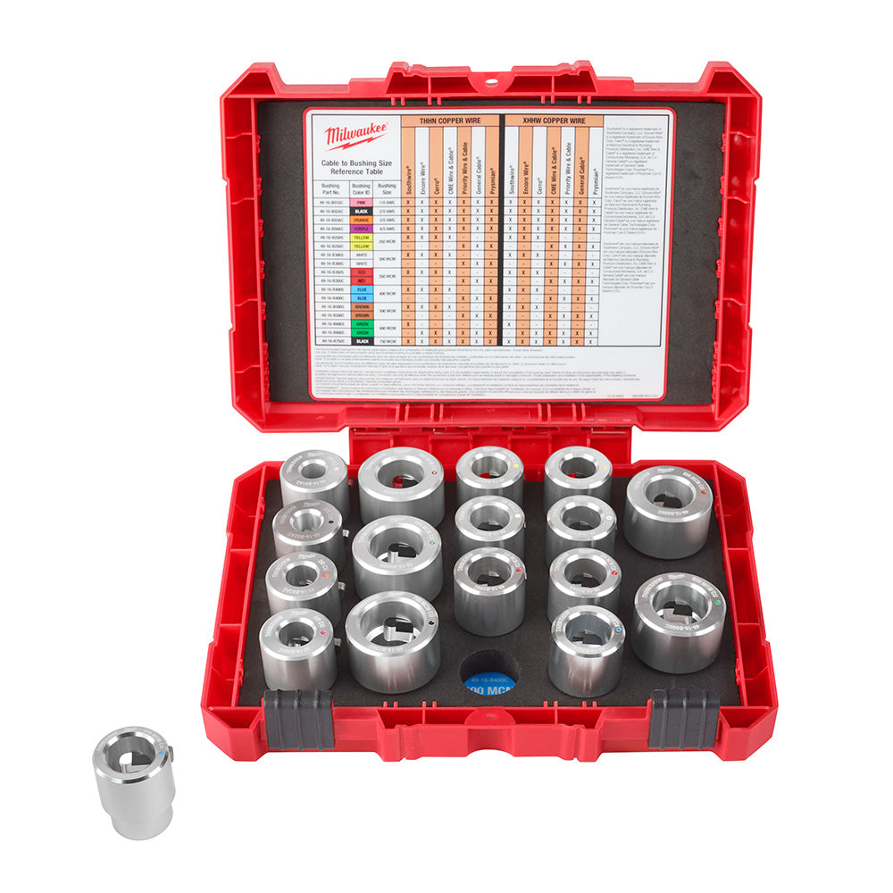 Red Milwaukee kit case containing 17 metal bushings with reference chart lid and one bushing displayed separately.