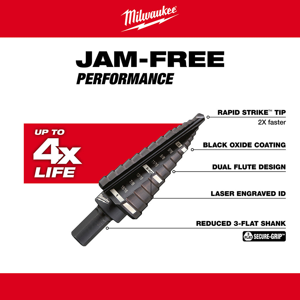 Milwaukee step drill bit with black oxide coating, dual flute design, and reduced 3-flat shank for 1/2 to 1 inch drilling.