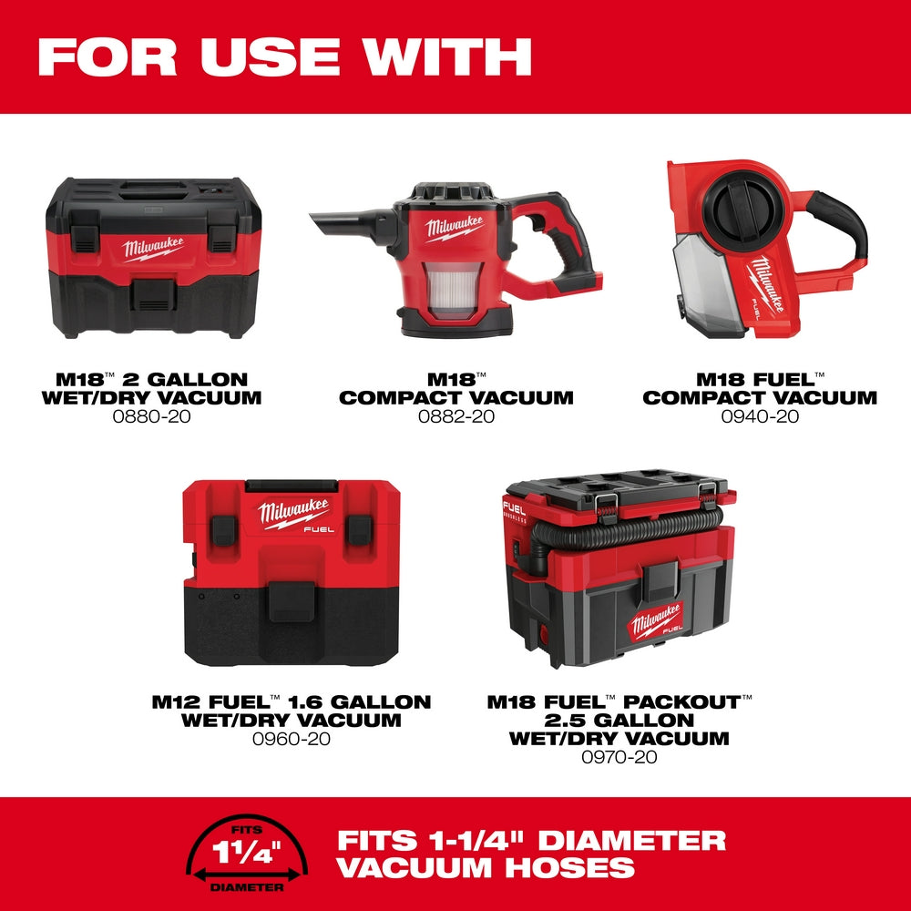 Round brush tool attachment with 1-1/4 inch diameter for Milwaukee vacuum hoses, red and black design.