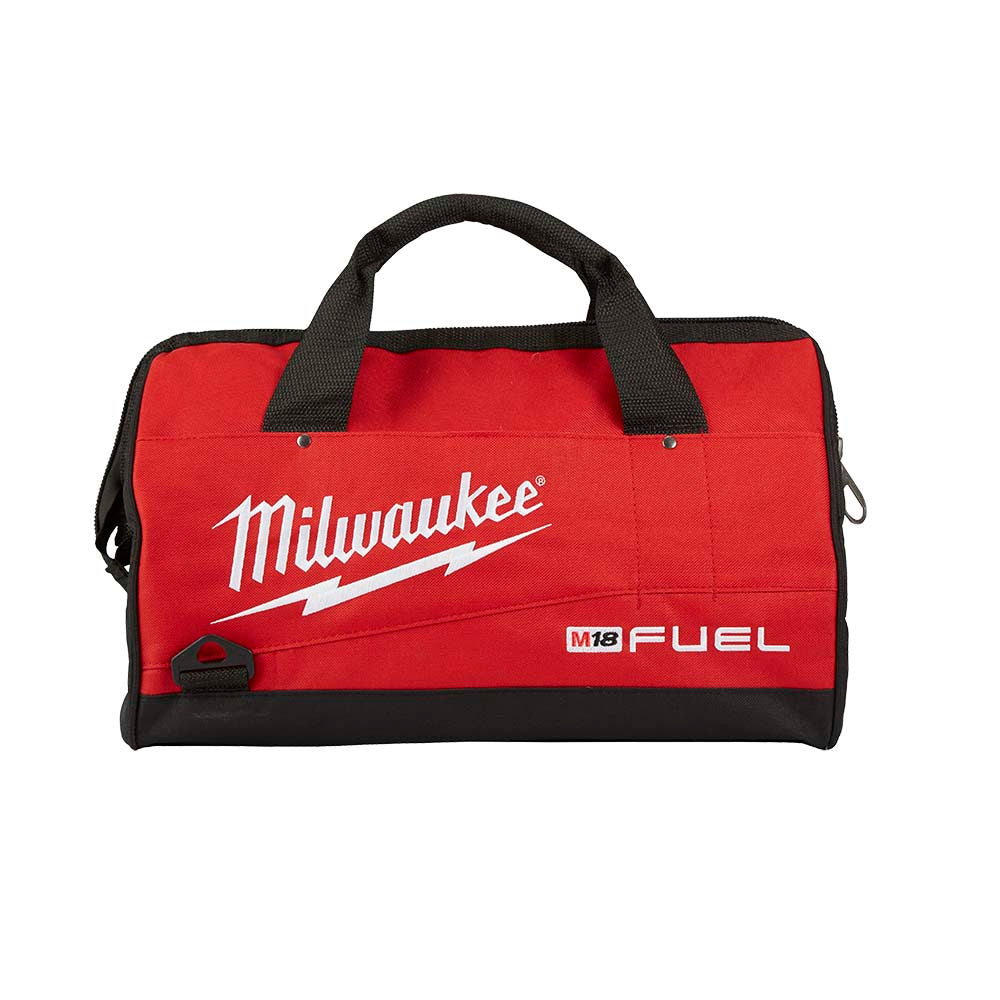 Large red and black contractor bag with Milwaukee FUEL branding, dual black handles, and bottom storage pocket.