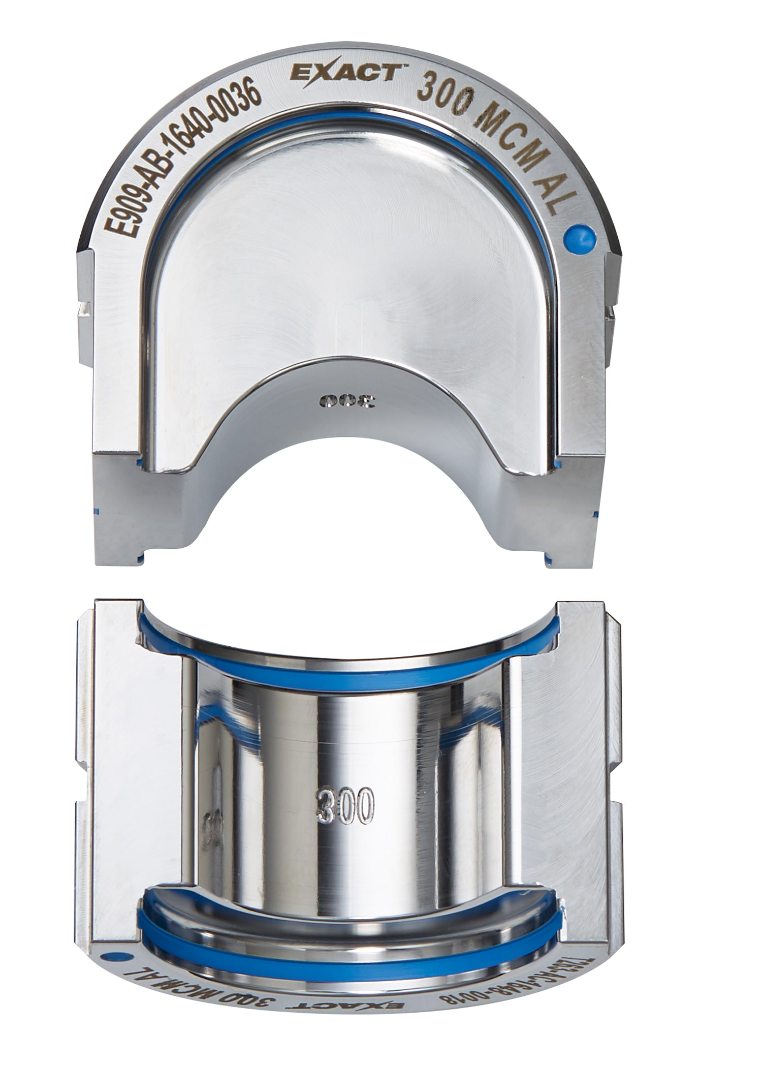 Milwaukee EXACT300 aluminum U-style die with 12T capacity and blue accents, shown from top and side views.