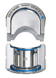 Milwaukee EXACT300 aluminum U-style die with 12T capacity and blue accents, shown from top and side views.
