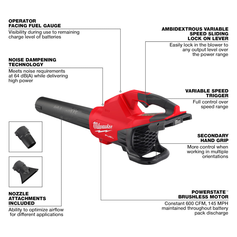 Red and black Milwaukee M18 FUEL cordless blower with variable speed trigger, dual nozzle attachments, and secondary hand gri
