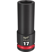 Black impact socket with hexagonal opening, red band at base, Milwaukee branding and 17MM marking visible.