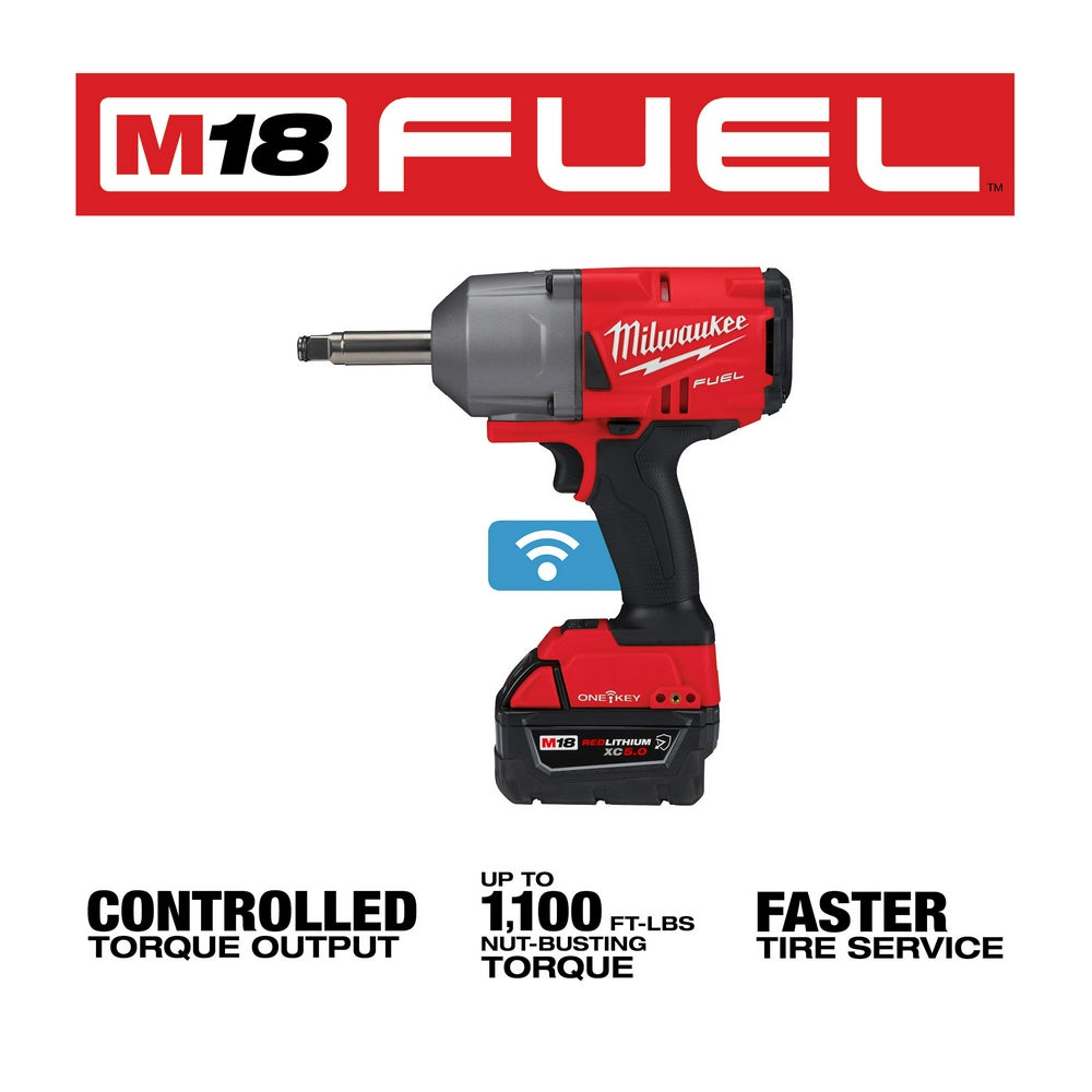 Red and black Milwaukee M18 FUEL 1/2" impact wrench with extended anvil, battery, and ONE-KEY connectivity icon displayed.