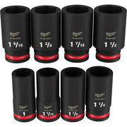Eight black 3/4" drive deep sockets with red bands, labeled 1", 1 1/16", 1 1/8", 1 3/16", 1 1/4", 1 5/16", 1 3/8
