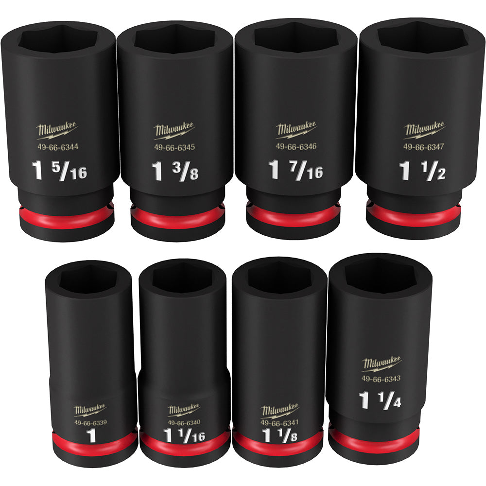 Eight black 3/4" drive deep sockets with red bands, labeled 1", 1 1/16", 1 1/8", 1 3/16", 1 1/4", 1 5/16", 1 3/8