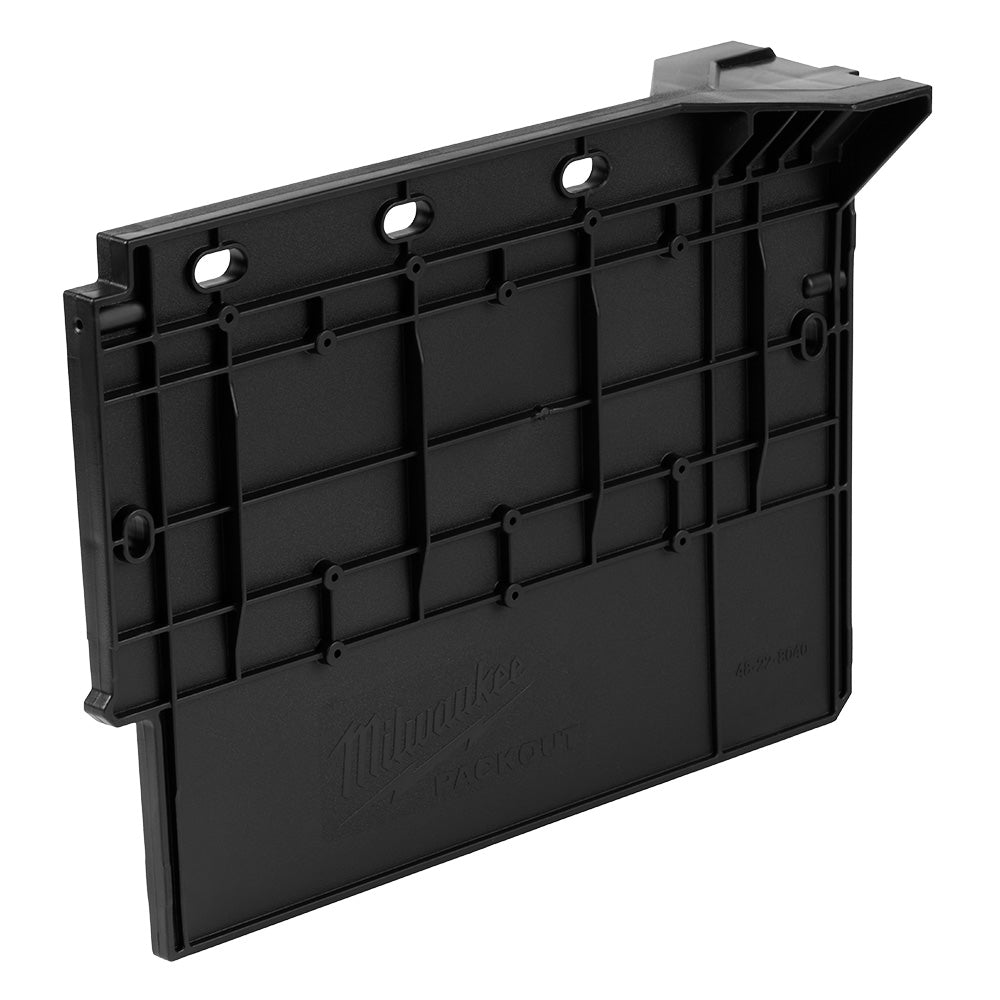 Black plastic divider with multiple compartments and mounting holes for Milwaukee PACKOUT crate organization.