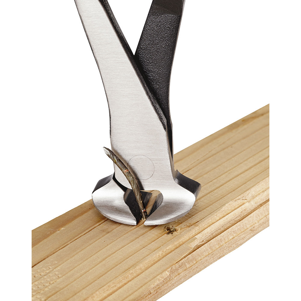 Milwaukee nipping pliers with polished steel jaws and black handles gripping a wooden board.