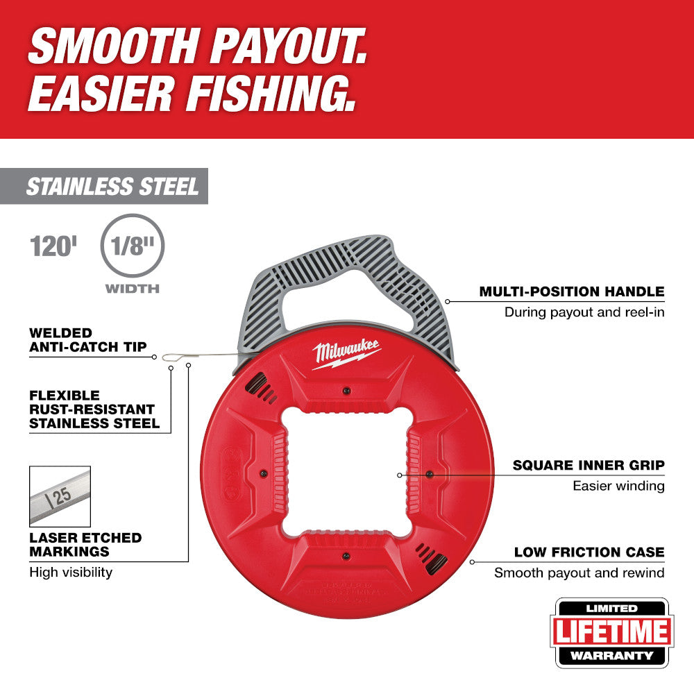 Red Milwaukee fish tape reel with 120' stainless steel tape, 1/8" width, multi-position handle and square inner grip.
