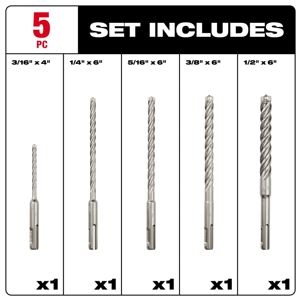 Five SDS-Plus rotary hammer-drill bits in varying sizes: 3/16"x4", 1/4"x6", 5/16"x6", 3/8"x6", and 1/2"x6".