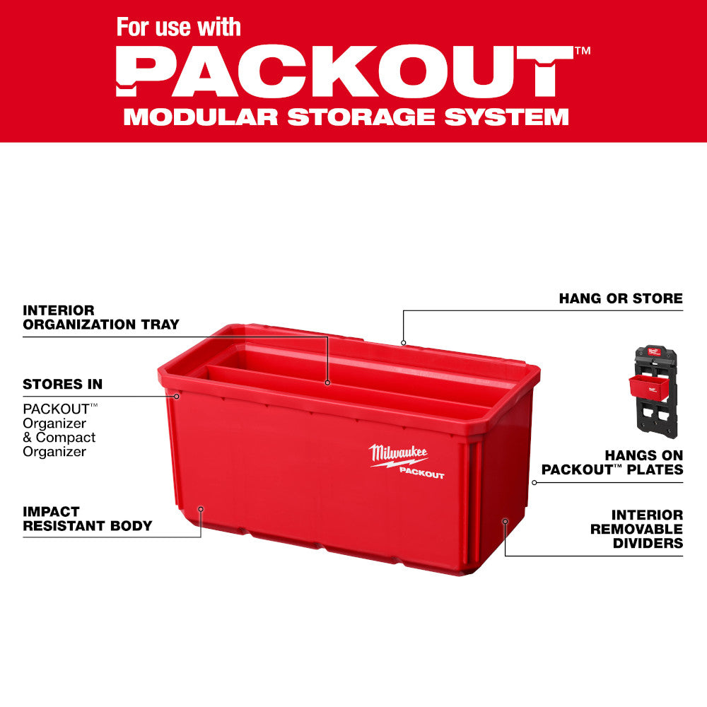 Red Milwaukee PACKOUT large storage bin with interior dividers, handles, and compatible mounting system for modular organizat