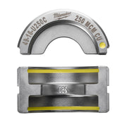 Milwaukee 250 MCM copper U-style die with curved top half and rectangular bottom half, marked with model number and yellow in