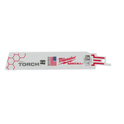 Milwaukee THE TORCH SAWZALL reciprocating saw blade with fine teeth and red/white labeling on gray blade body.