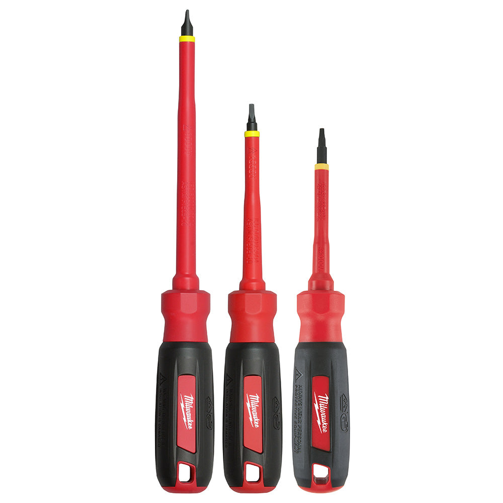 Three Milwaukee insulated screwdrivers with red and black handles and black tips, arranged by size.