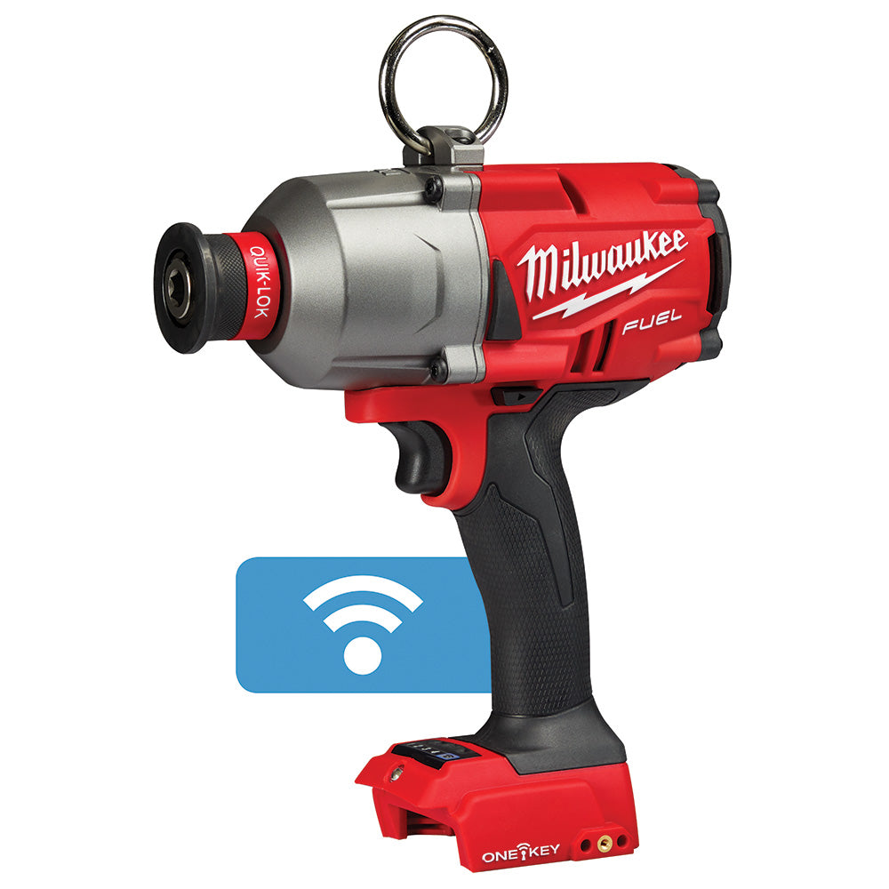 Milwaukee M18 FUEL red and silver hex utility impact wrench with ONE-KEY technology and wireless connectivity symbol.