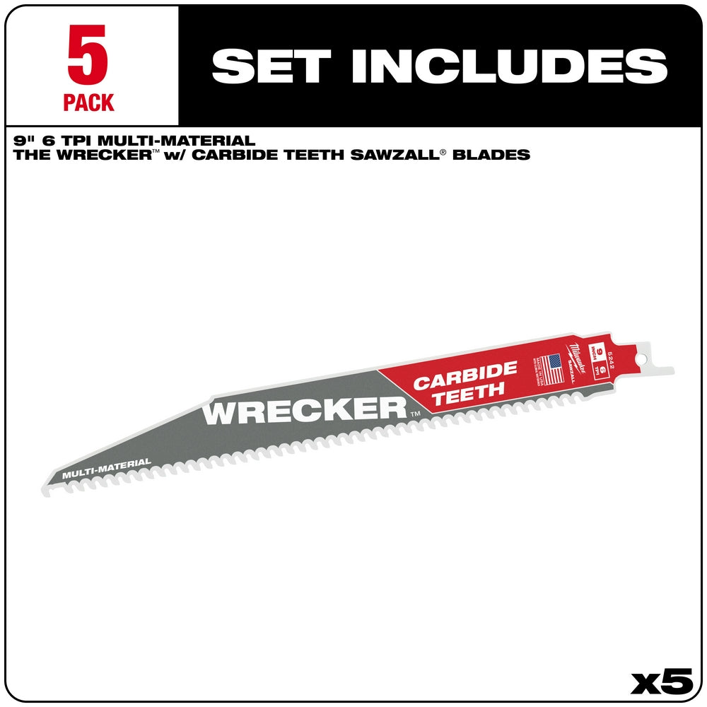 Milwaukee 9" THE WRECKER SAWZALL blade with carbide teeth and red packaging, shown as one of five blades in the set.