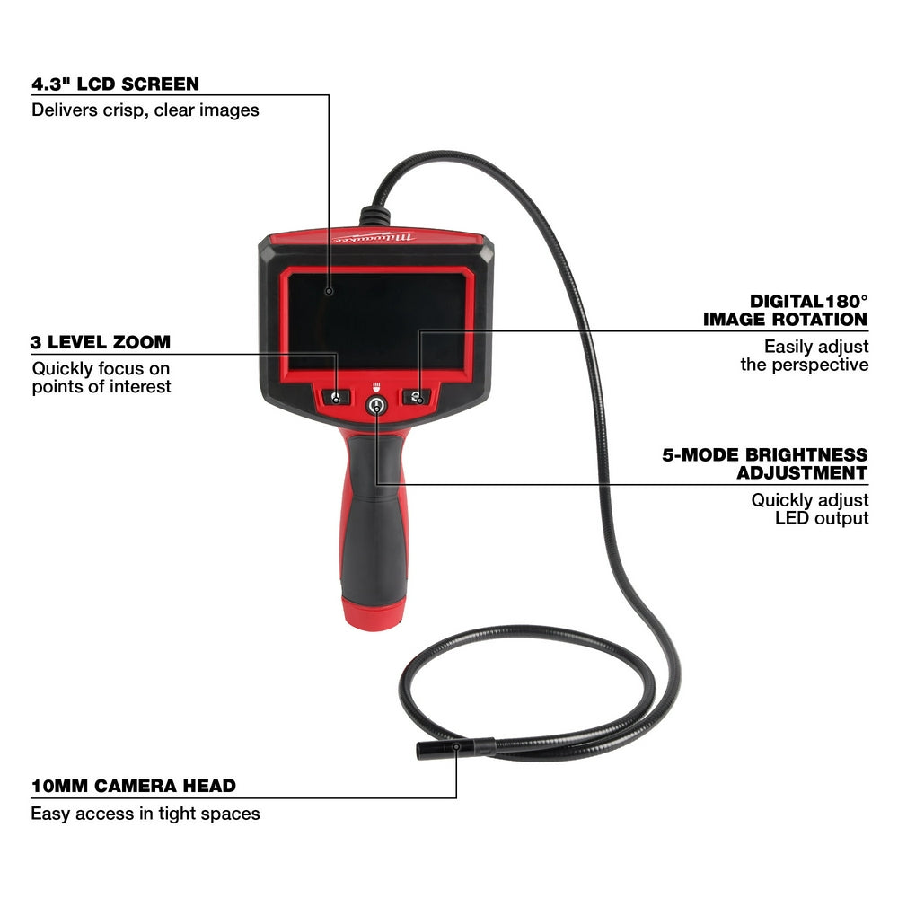 Milwaukee M-Spector inspection camera with red and black handheld unit, 4.3" LCD screen, and flexible probe camera head.