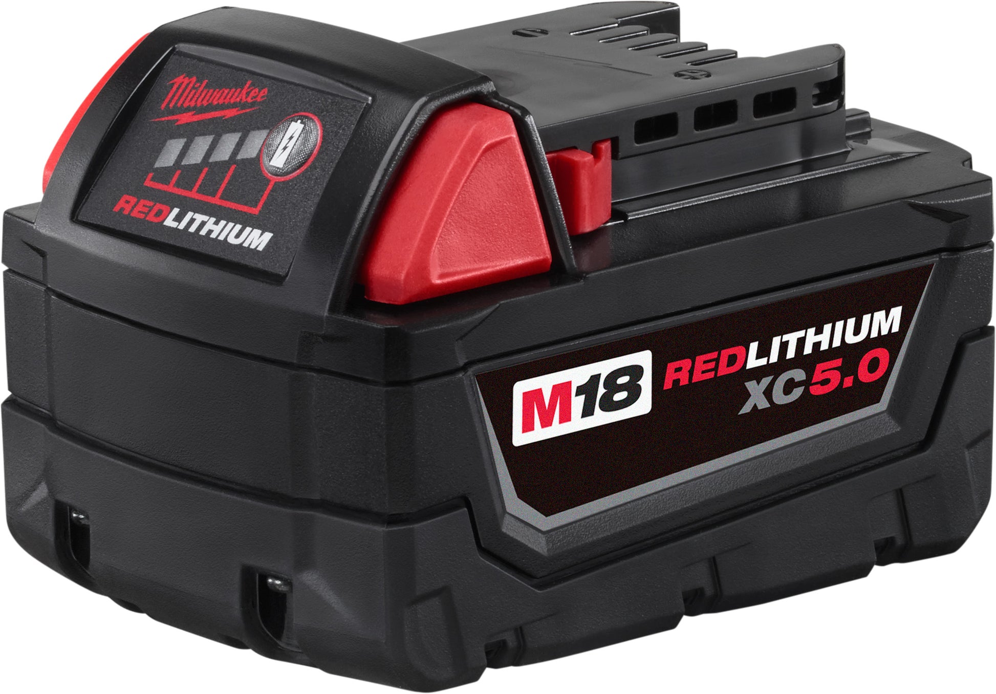 Black and red Milwaukee M18 REDLITHIUM XC 5.0Ah battery pack with fuel gauge display and connector terminals.