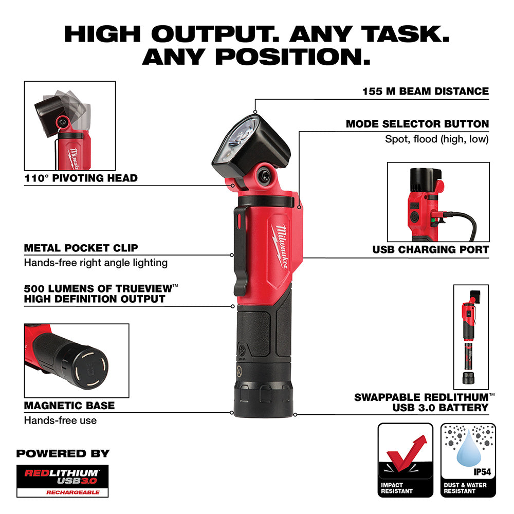 Red and black Milwaukee USB rechargeable flashlight with pivoting head, magnetic base, and mode selector button.