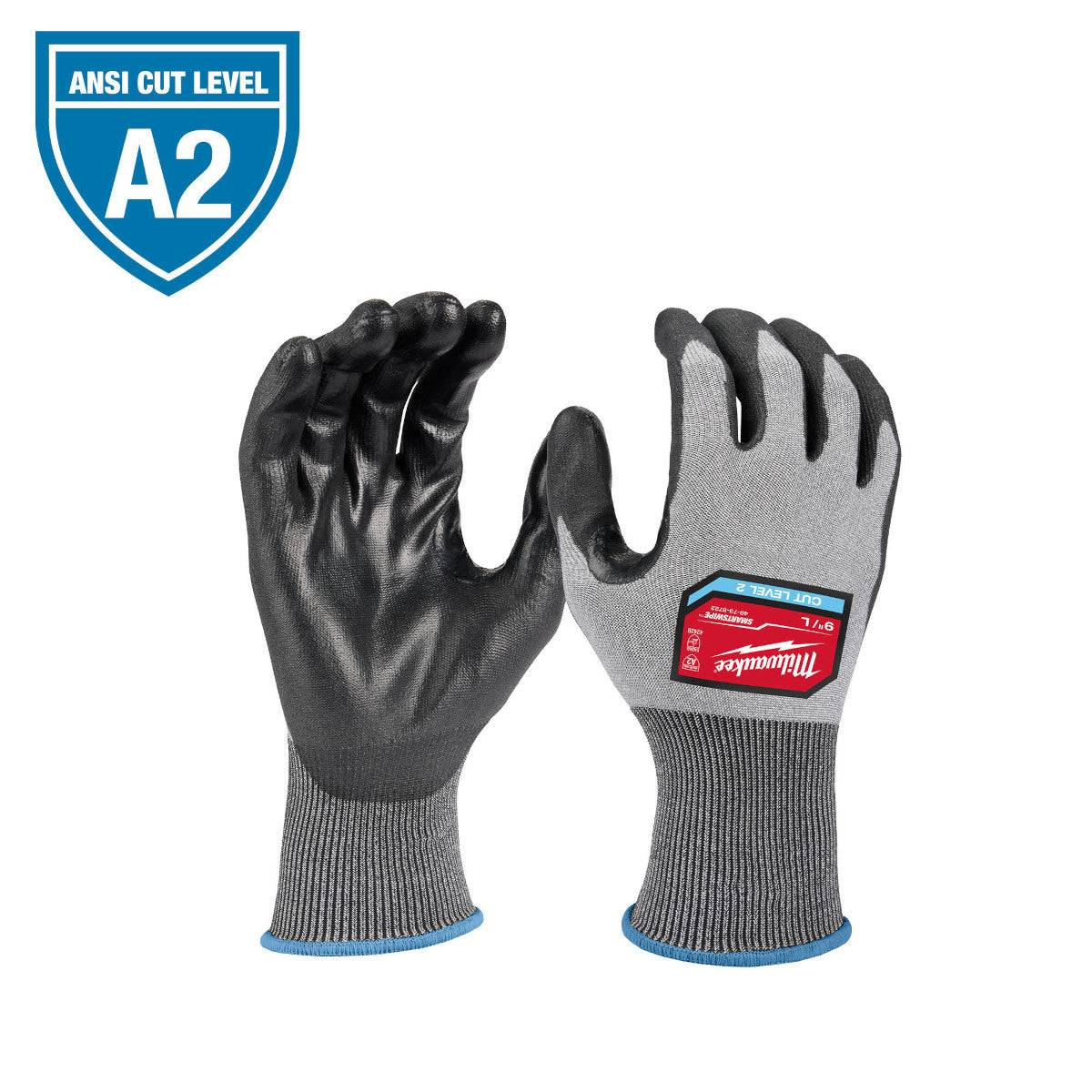 Gray knit work gloves with black polyurethane-dipped palms and fingers, blue cuff trim, and ANSI A2 cut level label on back.