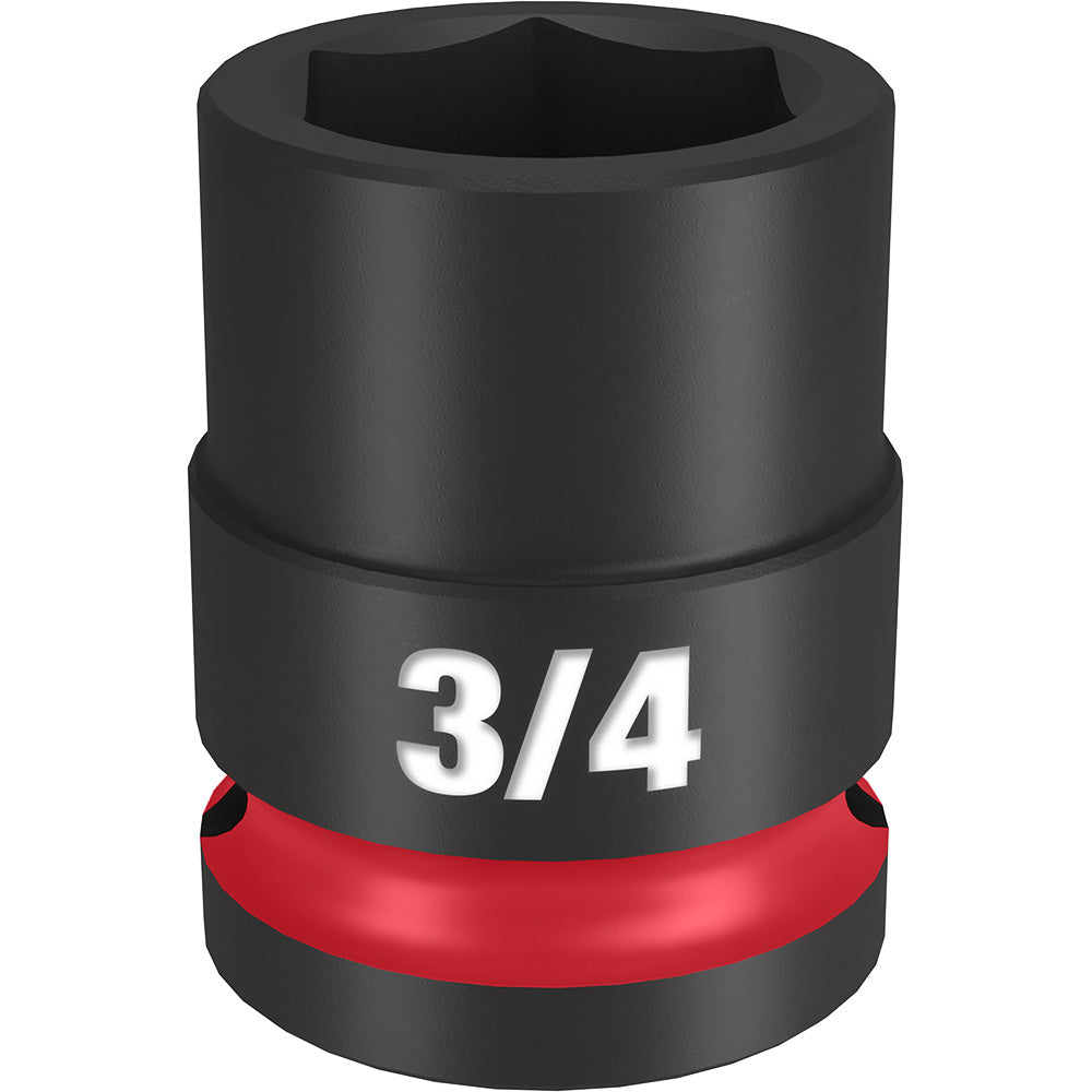 Black 3/4" impact socket with six-point hexagonal opening and red grip band, labeled "3/4" on the band.