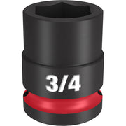 Black 3/4" impact socket with six-point hexagonal opening and red grip band, labeled "3/4" on the band.