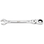 Milwaukee 24mm flex head ratcheting combination wrench with open jaw on left and ratcheting socket head on right.
