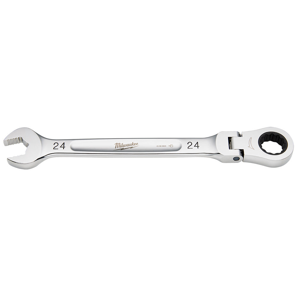 Milwaukee 24mm flex head ratcheting combination wrench with open jaw on left and ratcheting socket head on right.