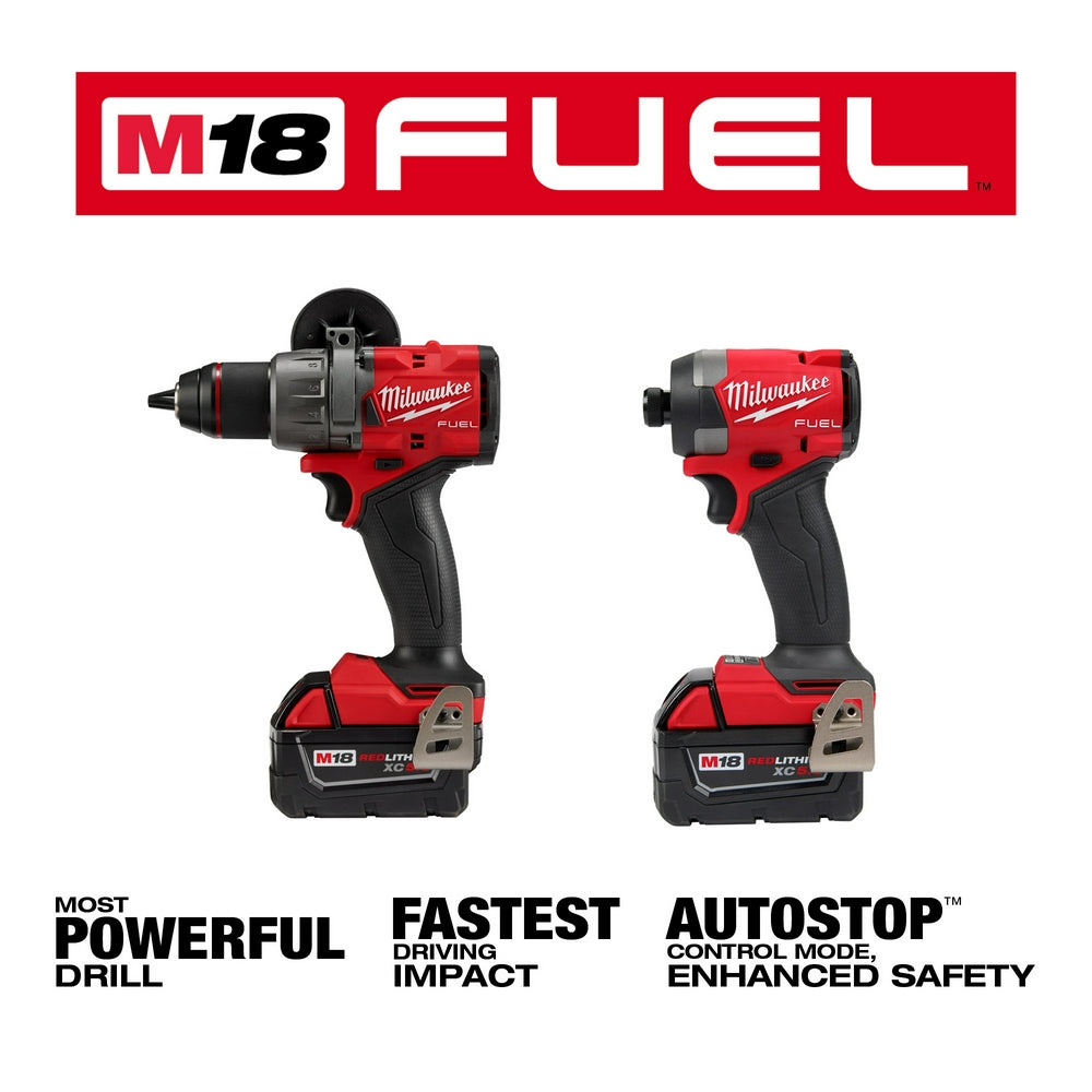 Milwaukee M18 FUEL combo kit with red and black drill and impact driver, each with battery pack.