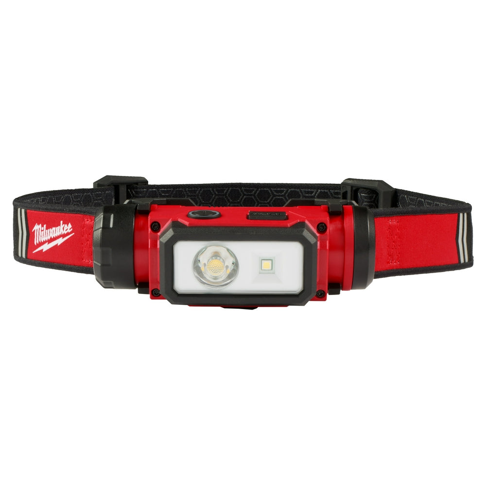 Red and black Milwaukee headlamp with LED lights mounted on adjustable fabric headband with logo.
