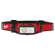 Red and black Milwaukee headlamp with LED lights mounted on adjustable fabric headband with logo.