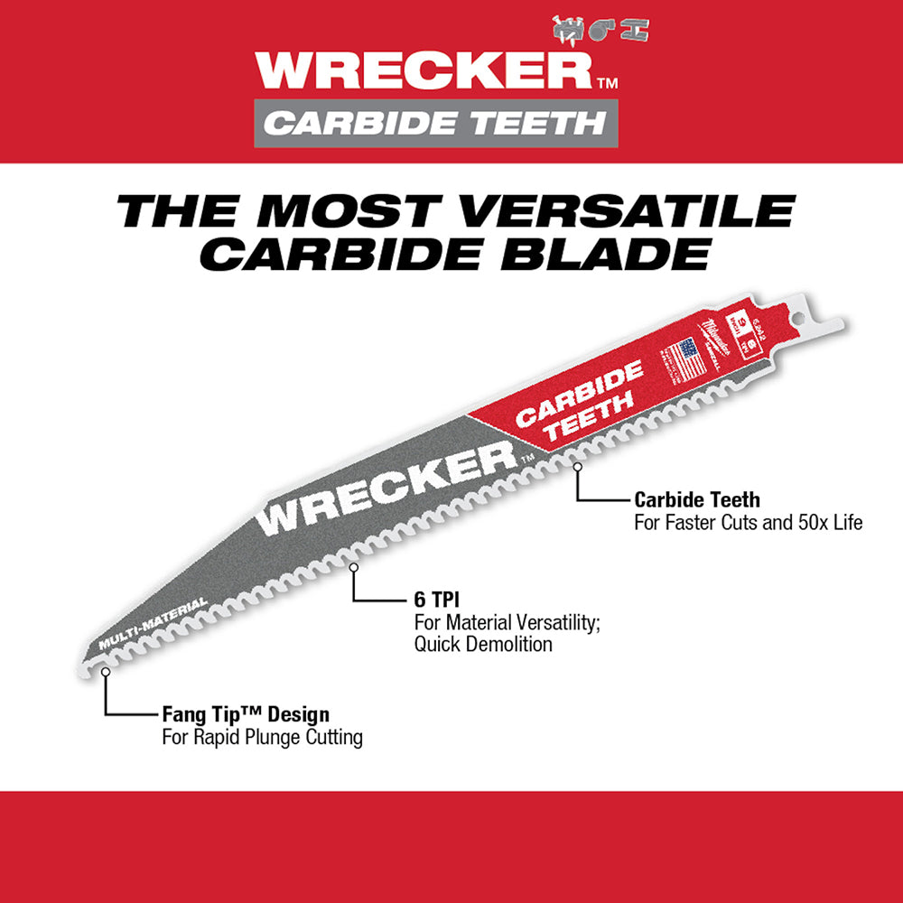Milwaukee 12" WRECKER SAWZALL blade with carbide teeth and 6 TPI tooth pattern for cutting multiple materials.