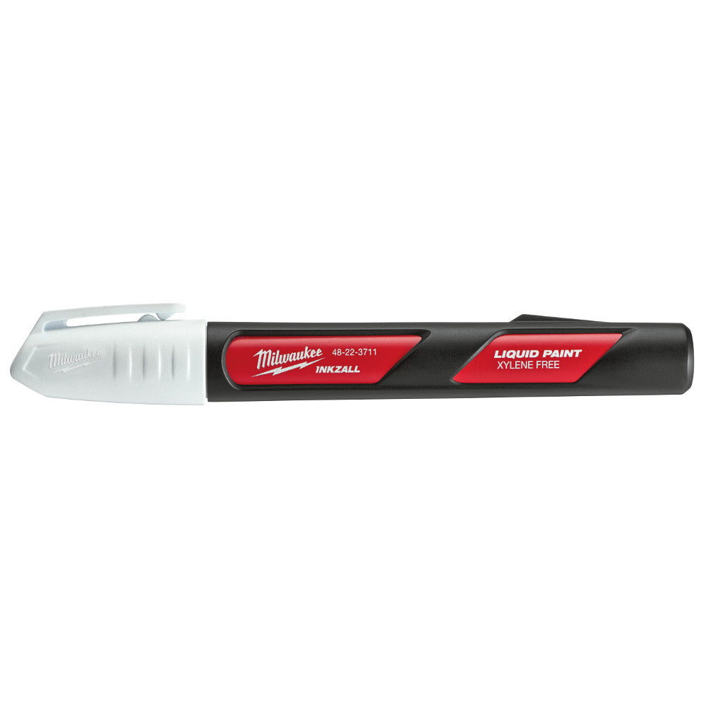White paint marker with black and red barrel, white chisel tip, and Milwaukee INKZALL branding.