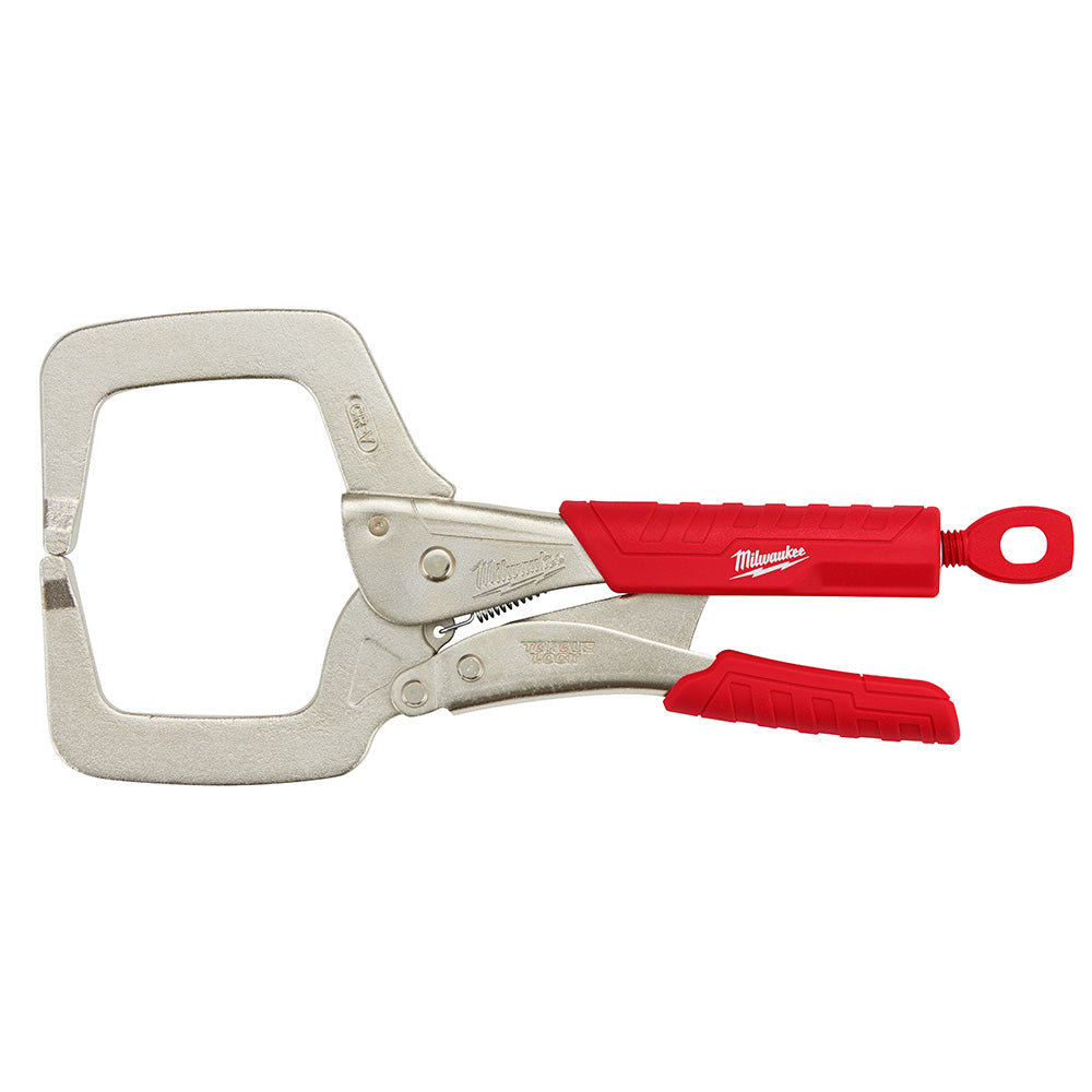 Milwaukee 11-inch locking clamp with regular metal jaws and red rubber grip handles.