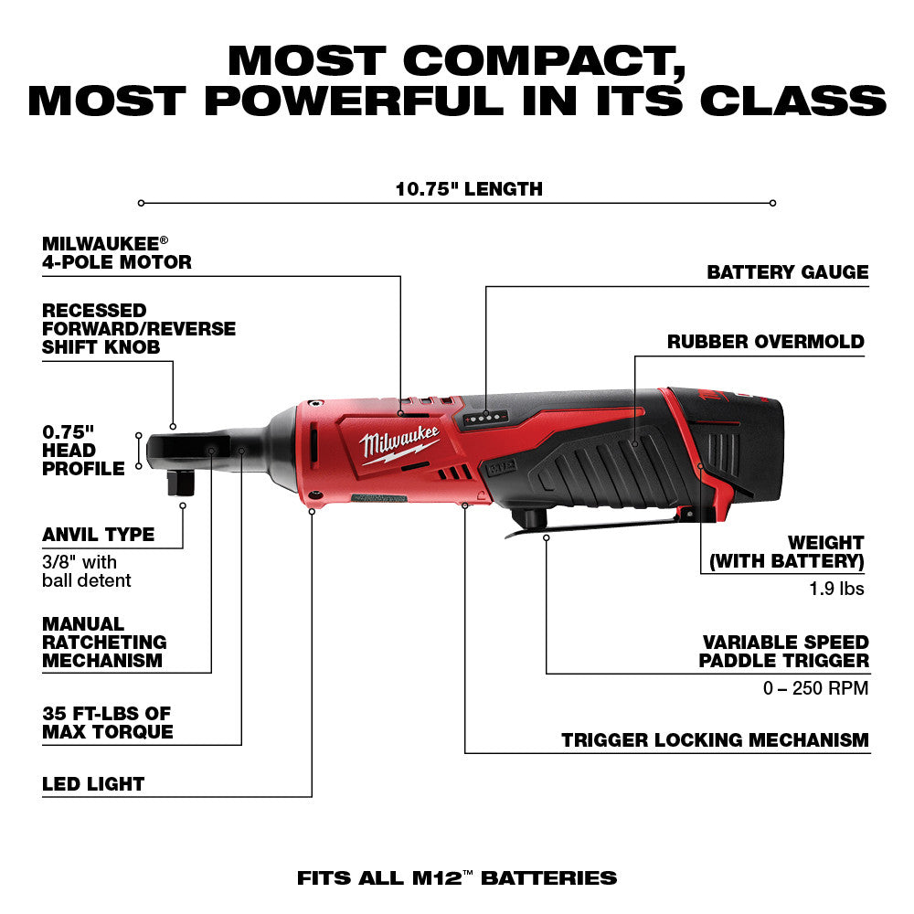 Red and black Milwaukee M12 cordless ratchet with 3/8 inch anvil, labeled with specifications including 10.75 inch length and