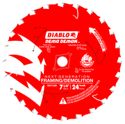 Red circular saw blade with 24 white teeth around the edge, center arbor hole, and Diablo Demo Demon branding.