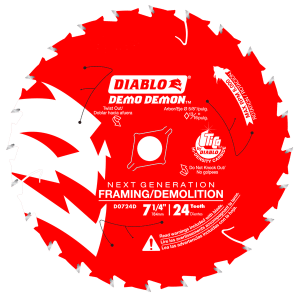Red circular saw blade with 24 white teeth around the edge, center arbor hole, and Diablo Demo Demon branding.