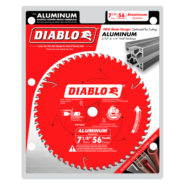 Red Diablo circular saw blade with 56 teeth, 7-1/4 inch diameter, mounted on packaging showing aluminum cutting specification