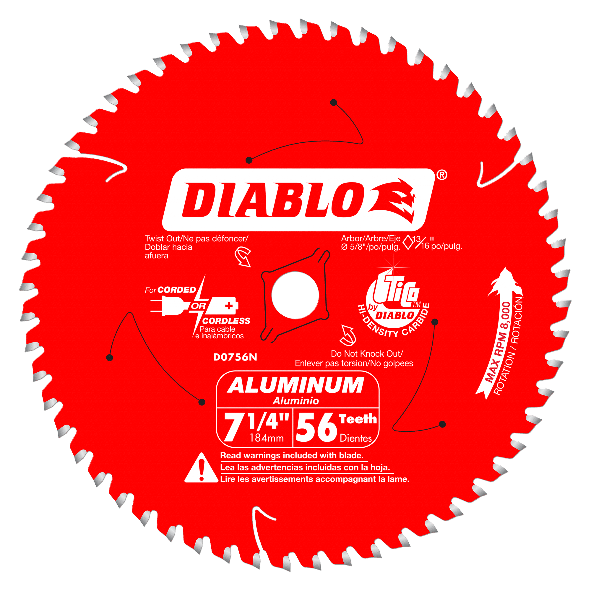 Red circular saw blade with 56 teeth, 7 1/4 inch diameter, white center arbor hole and Diablo branding.