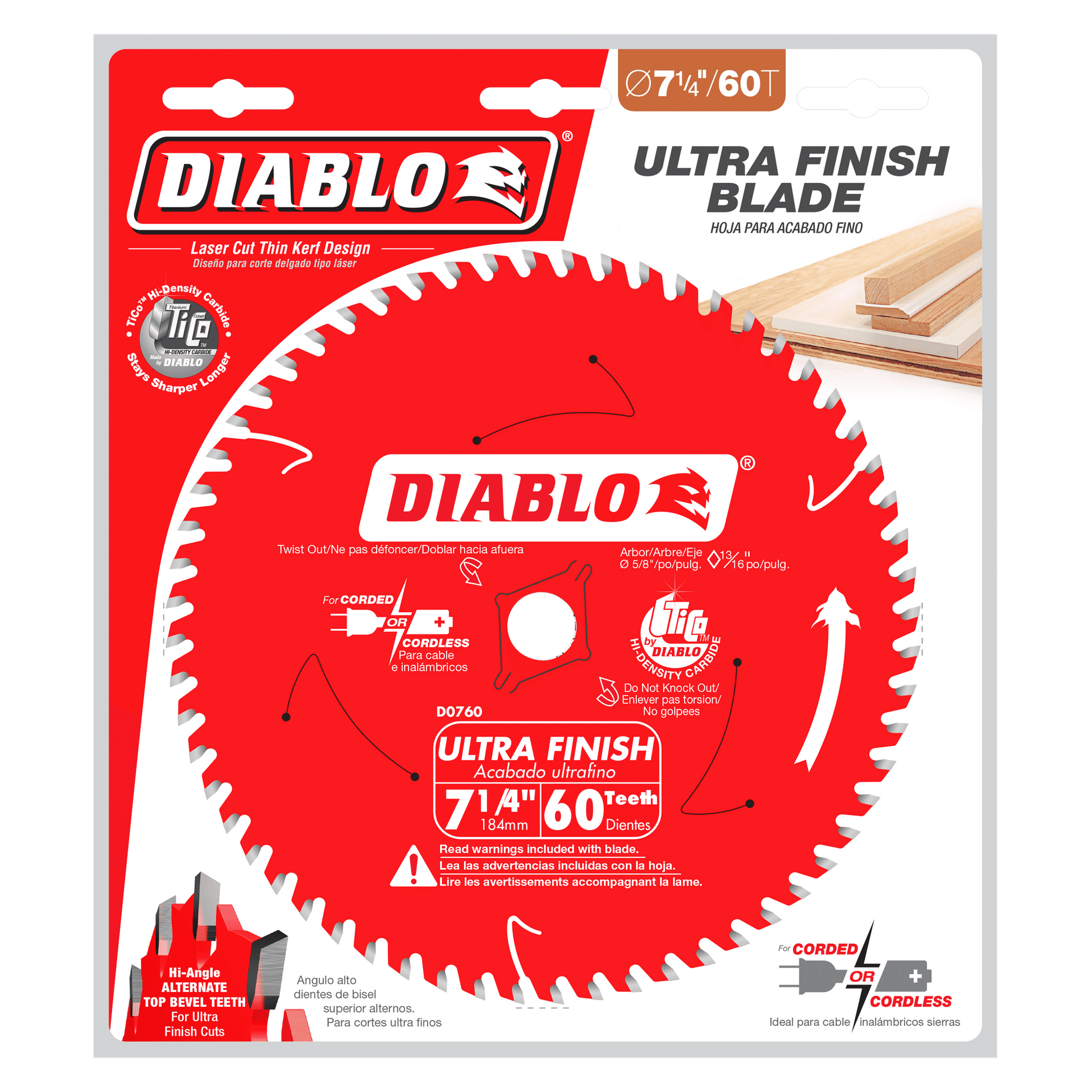 Red Diablo circular saw blade with 60 teeth on packaging, displayed with wood samples.