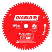 Red Diablo carbide saw blade with 60 white teeth around the edge and center arbor hole.