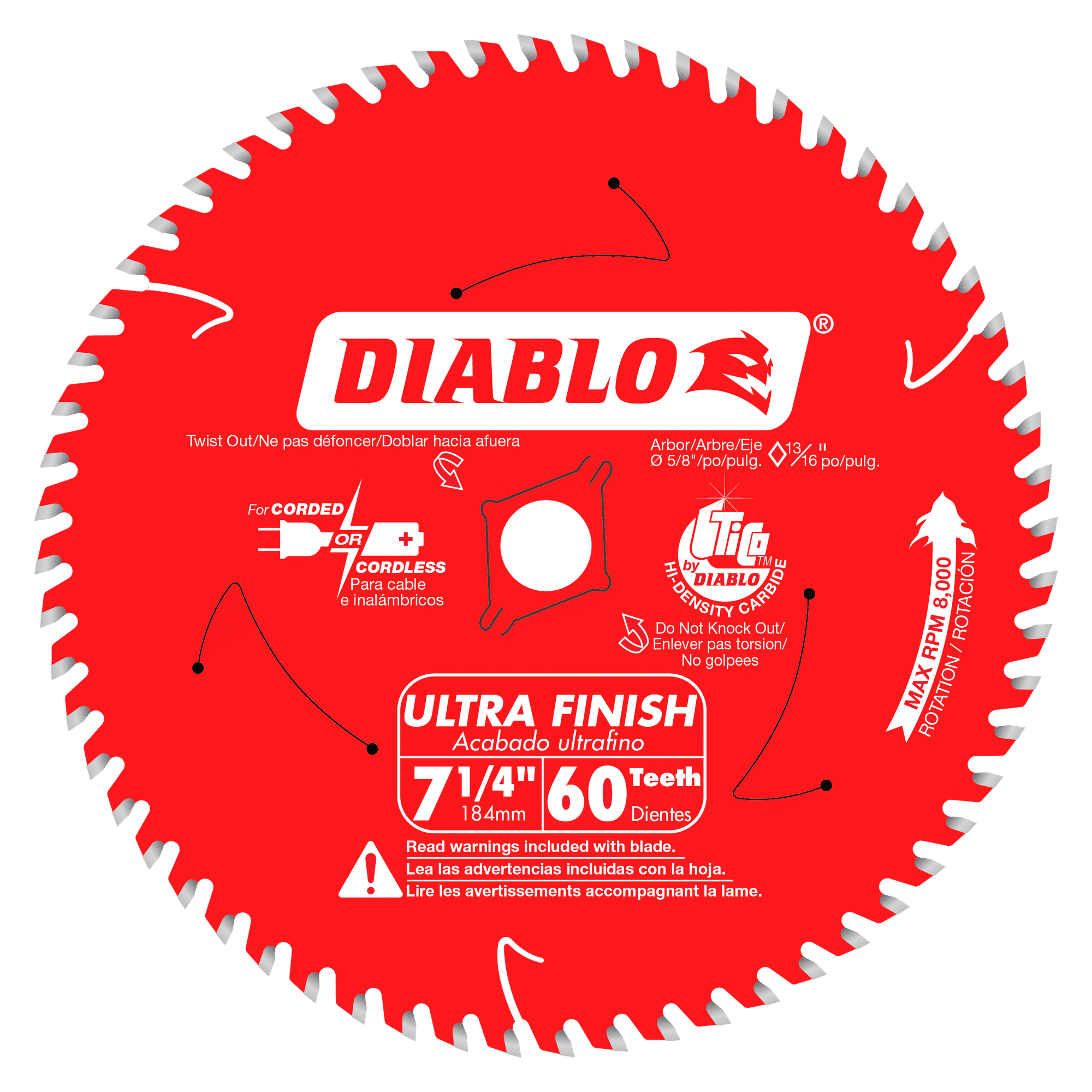 Red circular saw blade with white 60 teeth, 7-1/4 inch diameter, Diablo branding and Ultra Finish labeling.