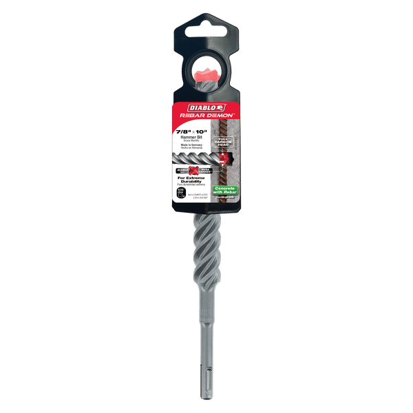 Diablo Rebar Demon SDS-Plus hammer drill bit with carbide head and spiral flutes in packaging.