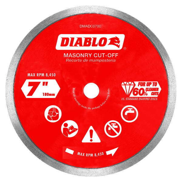 Seven-inch red diamond cut-off disc with gray continuous rim for masonry cutting.