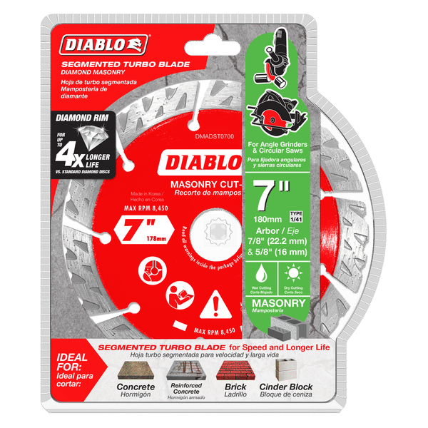 Diablo 7 inch diamond segmented masonry cut-off blade in packaging showing red and silver circular saw blade with diamond rim