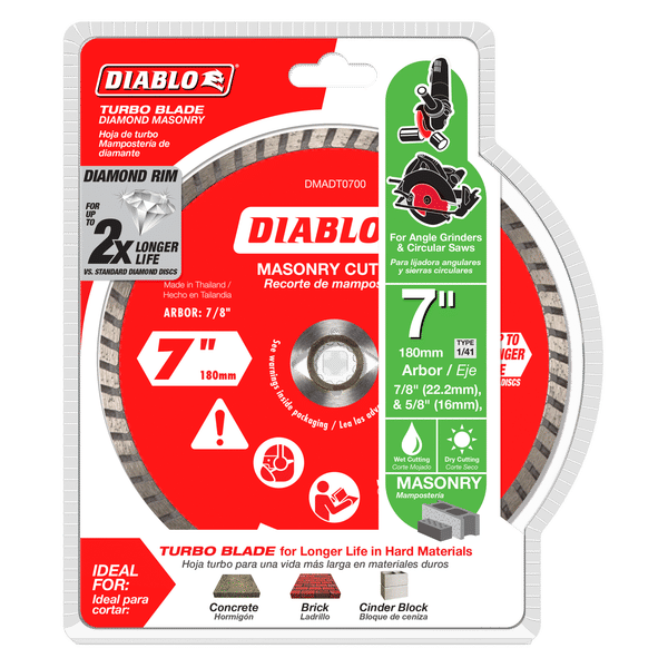 Diablo 7-inch diamond turbo cut-off disc with metal arbor hole and segmented rim on red and green packaging.